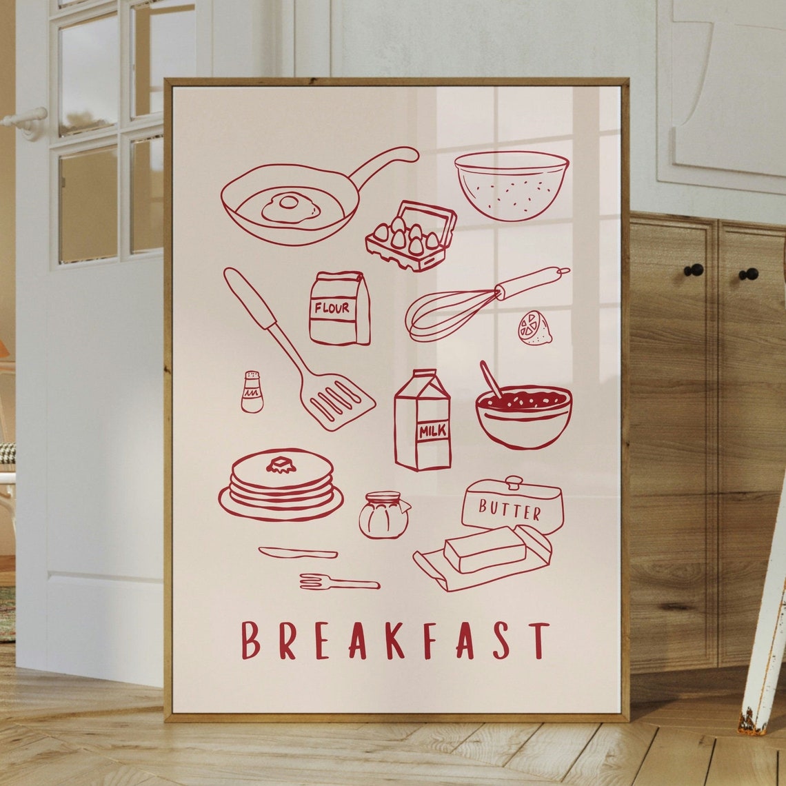 Hand Drawn Breakfast Food Icons Minimalist Red Line Art Poster - Image 2