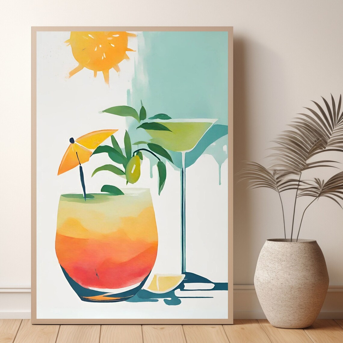 Retro Tropical Summer Cocktail Watercolor Sun Bar Cart Poster - Image 2
