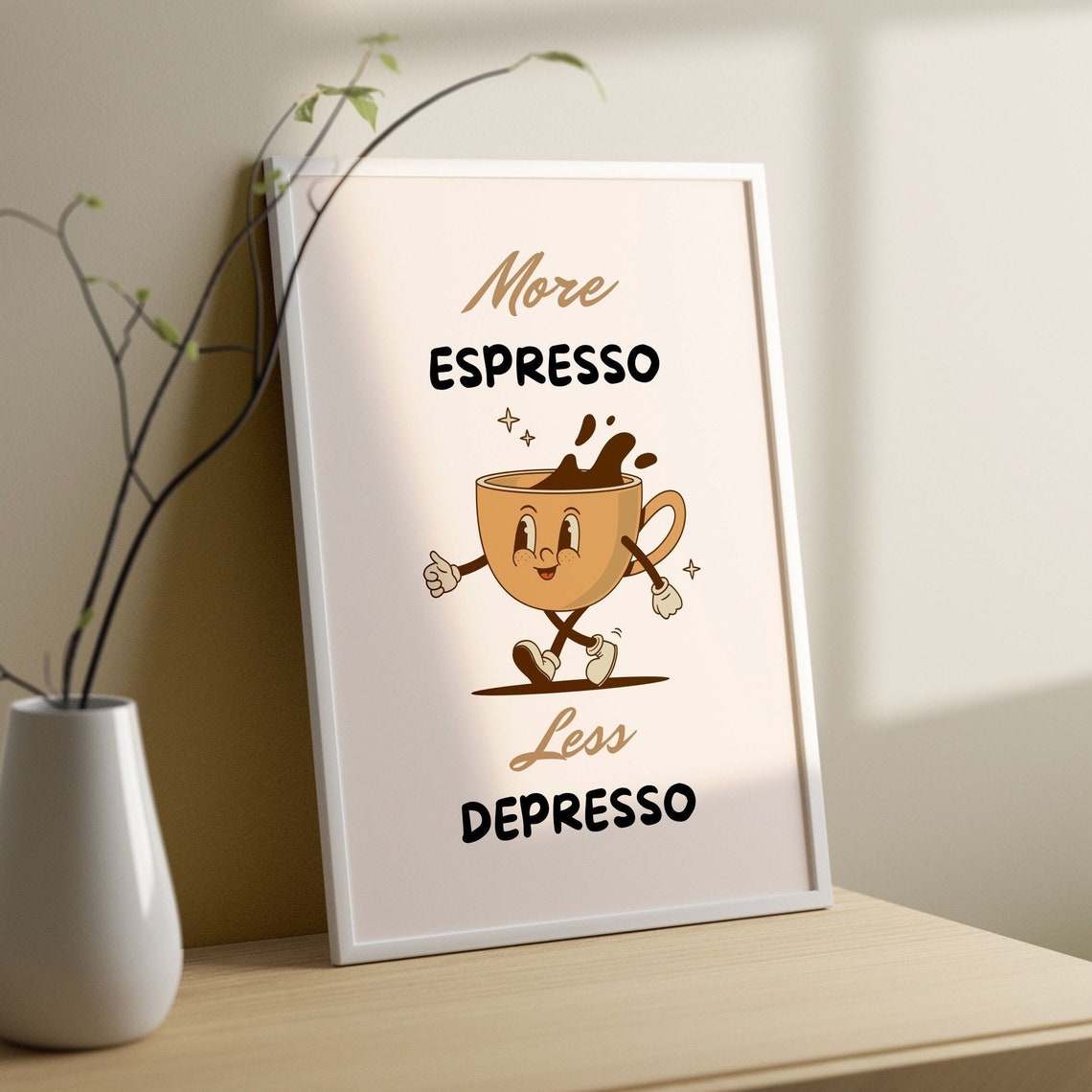 More Espresso Less Depresso Cute Vintage Coffee Mascot Print - Image 2