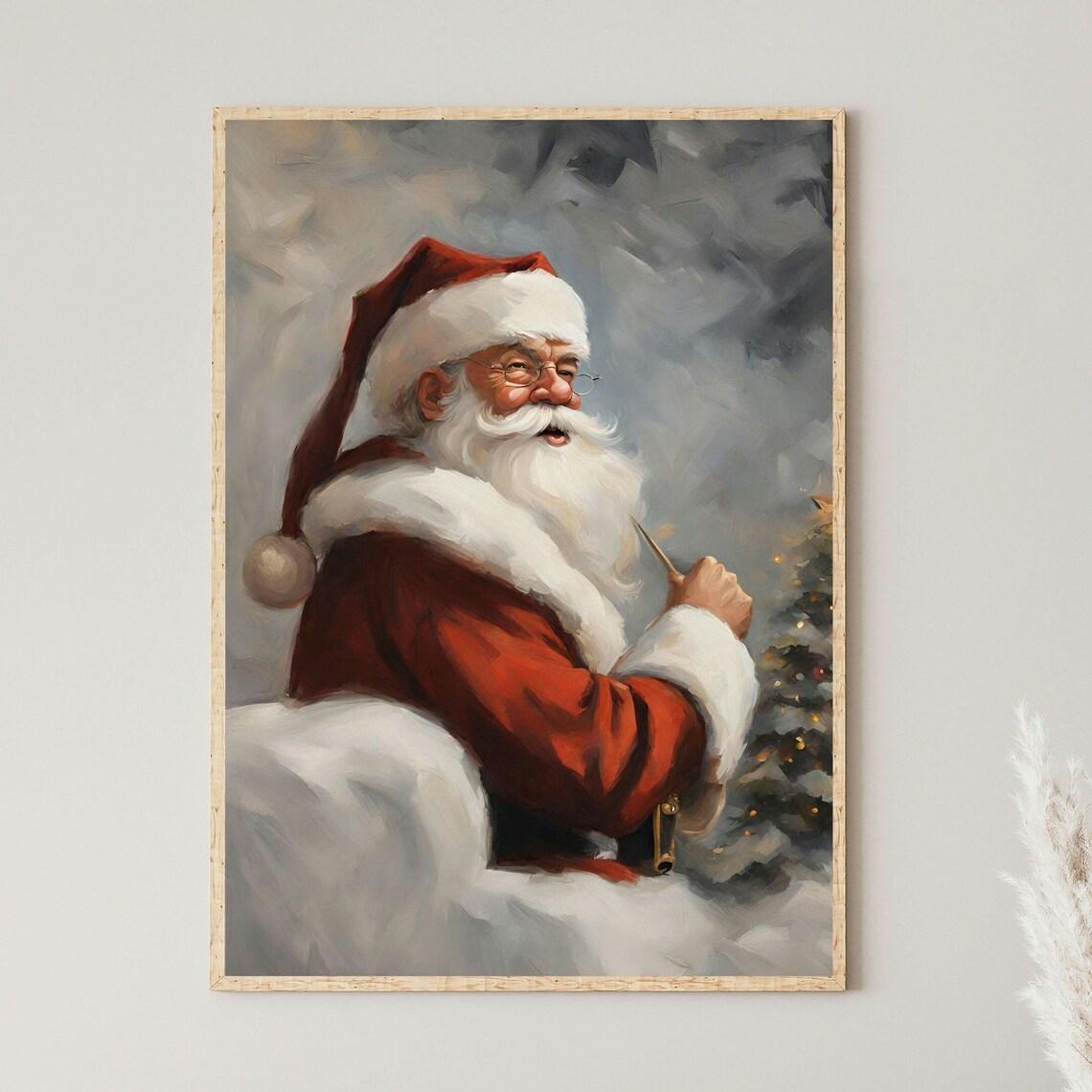 Vintage Santa Claus Oil Painting Pipe Christmas Portrait Poster