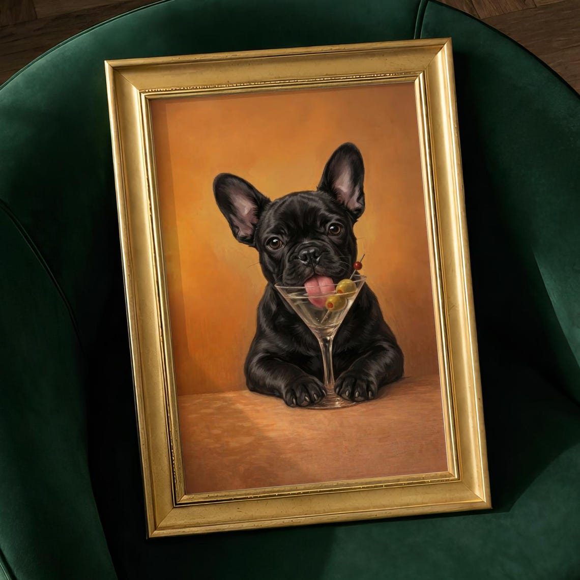 Black French Bulldog Martini Print Moody Bar Cart Wall Art Funny Cocktail Puppy Poster Qiurky Animal Painting Dog Lover Gift Lounge Decor