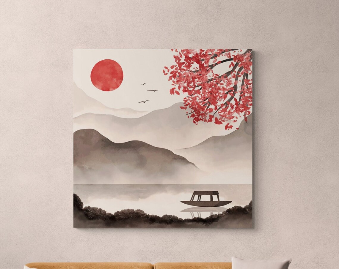 Fine Art Japanese Watercolor Illustration Canvas Wall Print Serene Mountains Decor