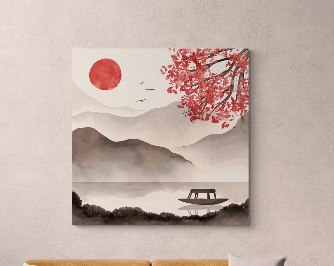 Japanese Watercolor Misty Mountains Red Sun Maple Lake Poster