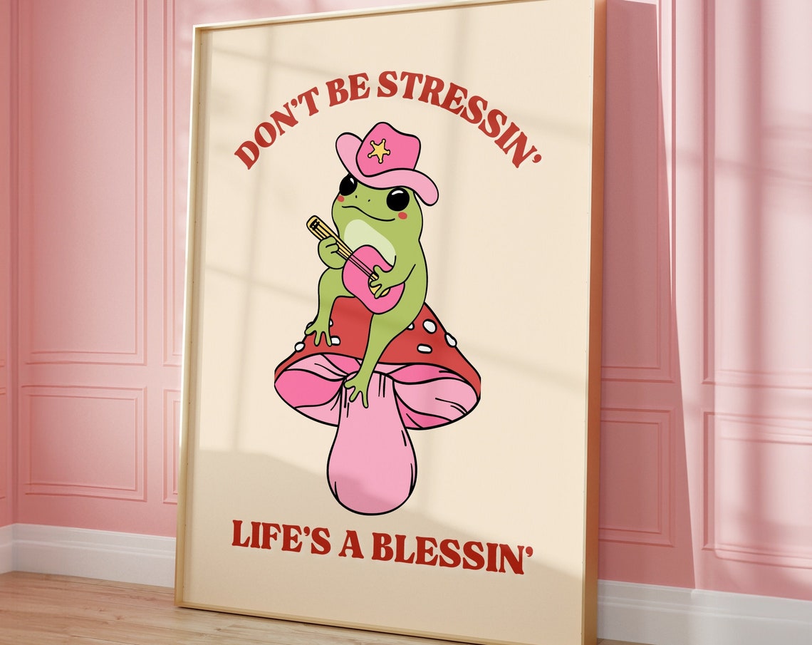 Cowgirl Frog Mushroom Wall Art Trendy Frog Illustration Frog Poster Gift For Friends Mental Health Quotes Cute Pink Girly Wall Art - Image 3