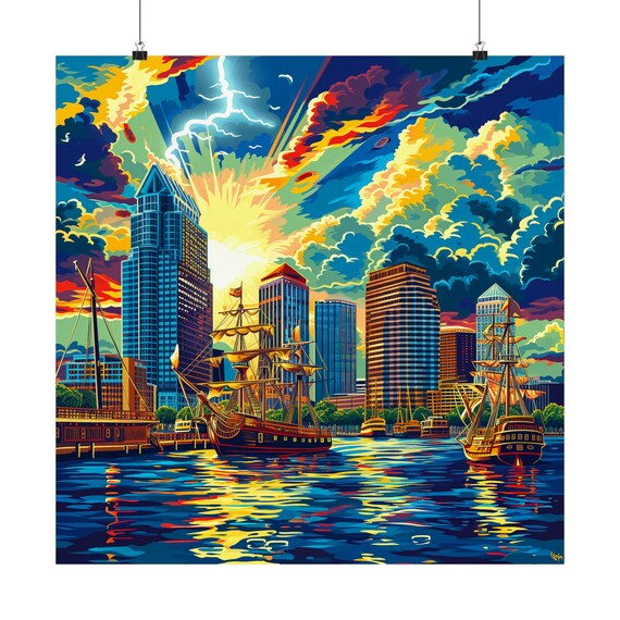 Tall Ships Sunset Harbor City Skyline Pop Art Poster Painting
