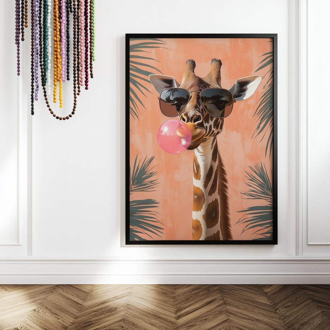 Giraffe With Sunglasses Blowing Pink Bubble Gum Tropical Animal Poster