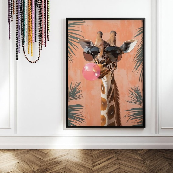 Giraffe With Sunglasses Blowing Pink Bubble Gum Tropical Animal Poster