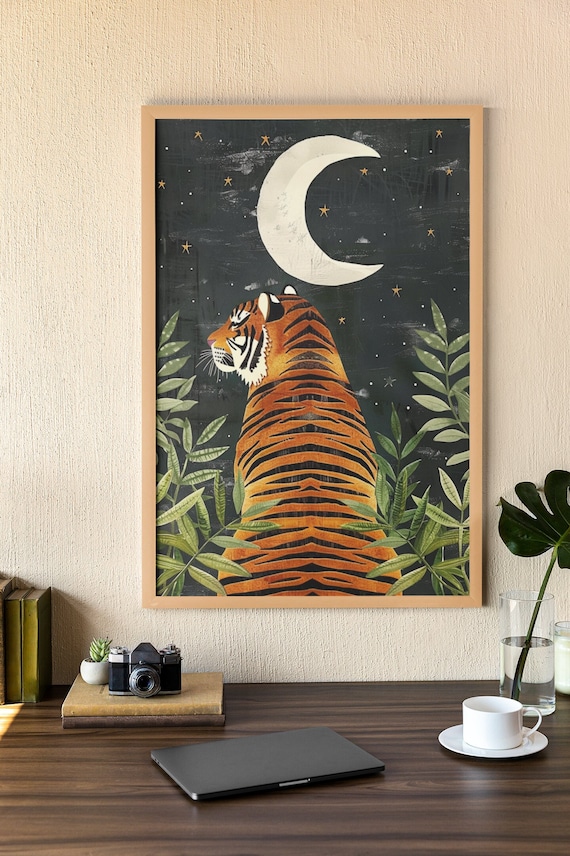 Tiger Gazing At Crescent Moon Starry Night Mystical Jungle Art Poster