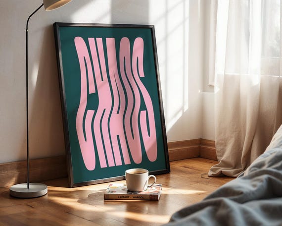 Wavy Chaos Typography Art Print Retro 70s Psychedelic Poster Pastel Pink And Dark Teal Green Wall Decor Groovy Aesthetic Dorm Gift