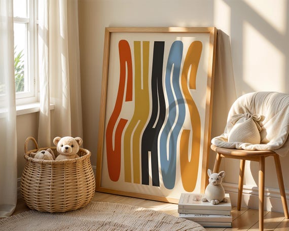 Chaos Art Print Retro 70s Psychedelic Poster Terracotta Mustard Yellow Denim Blue Wall Decor Mid Century Groovy Gift