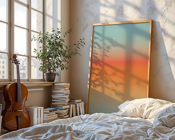 Ethereal Golden Hour Art Print Minimalist Horizon Poster Orange Blue Ombre Wall Modern Atmospheric Decor Serene Sky