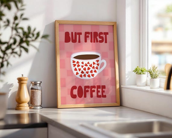 But First Coffee Typography Art Print Cute Pink Checkered Heart Mug Poster Retro Red Kitchen Bar Decor Trendy Cafe Valentine Gift Idea
