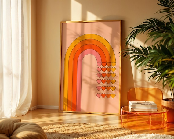 Retro 70s Rainbow Arch With Hearts Blush Pink Nursery Wall Poster