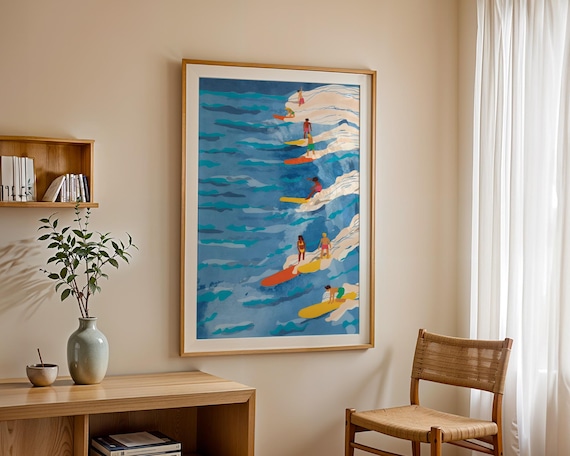 Surfers Riding Waves Colorful Ocean Illustration Beach Surf Poster