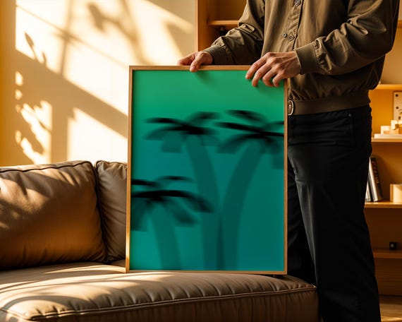 Blurred Palm Tree Sunset Art Print Modern Abstract Aqua Teal Wall Decor Trendy Coastal Poster Aesthetic Dorm Bathroom Gift Idea