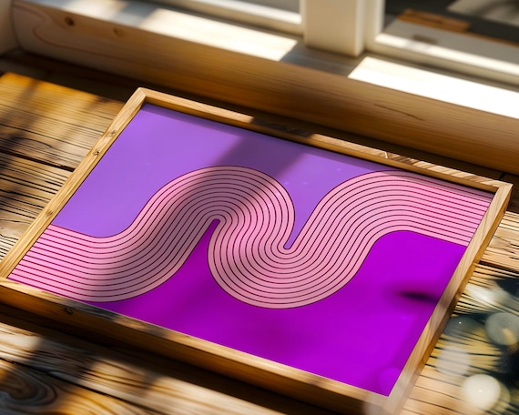 Retro Pink Ribbon Wave Lines Purple Seventies Groovy Decor Poster