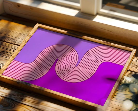 Retro Pink Wavy Ribbon Art Print Mid Century Purple Lavender Line Poster 70s Geometric Swirl Wall Decor Trendy Aesthetic Dorm Gift