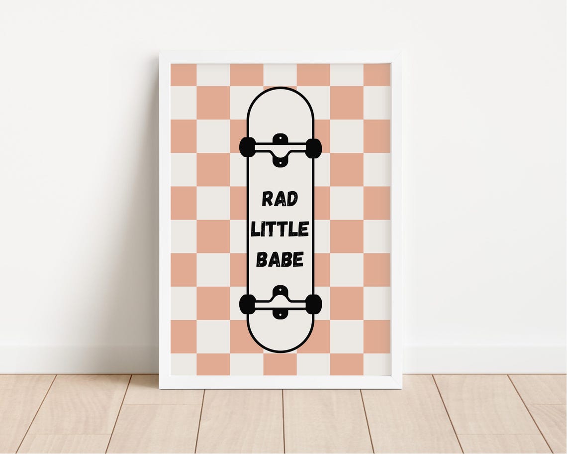 Rad Little Babe Skateboard Peach Checkered Nursery Room Poster