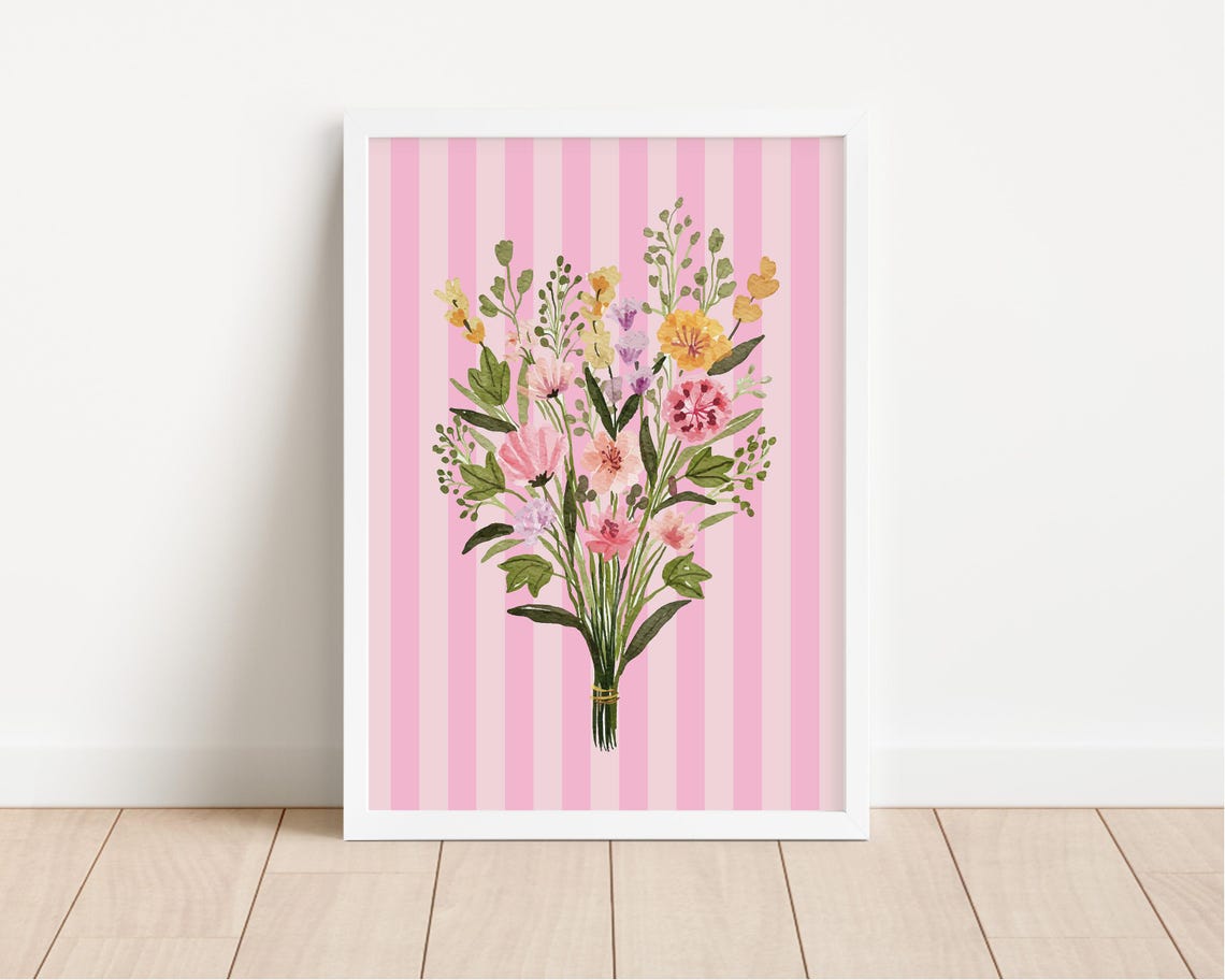 Wildflower Bouquet Watercolor Pink Stripes Nursery Art Poster - Image 2