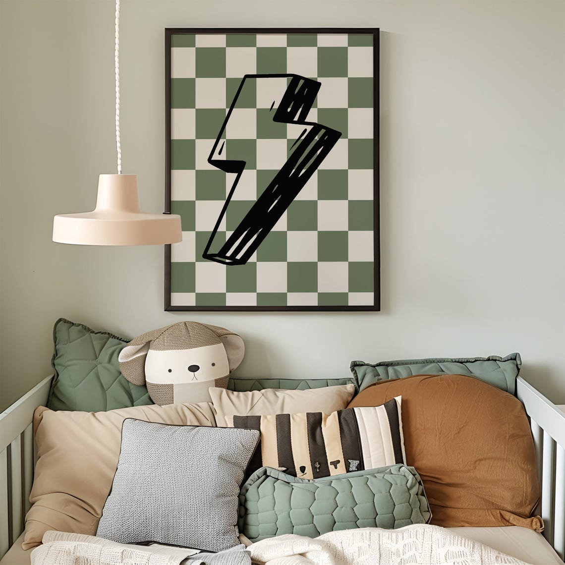 Lightning Bolt Sage Green Checkerboard Cool Kids Room Poster