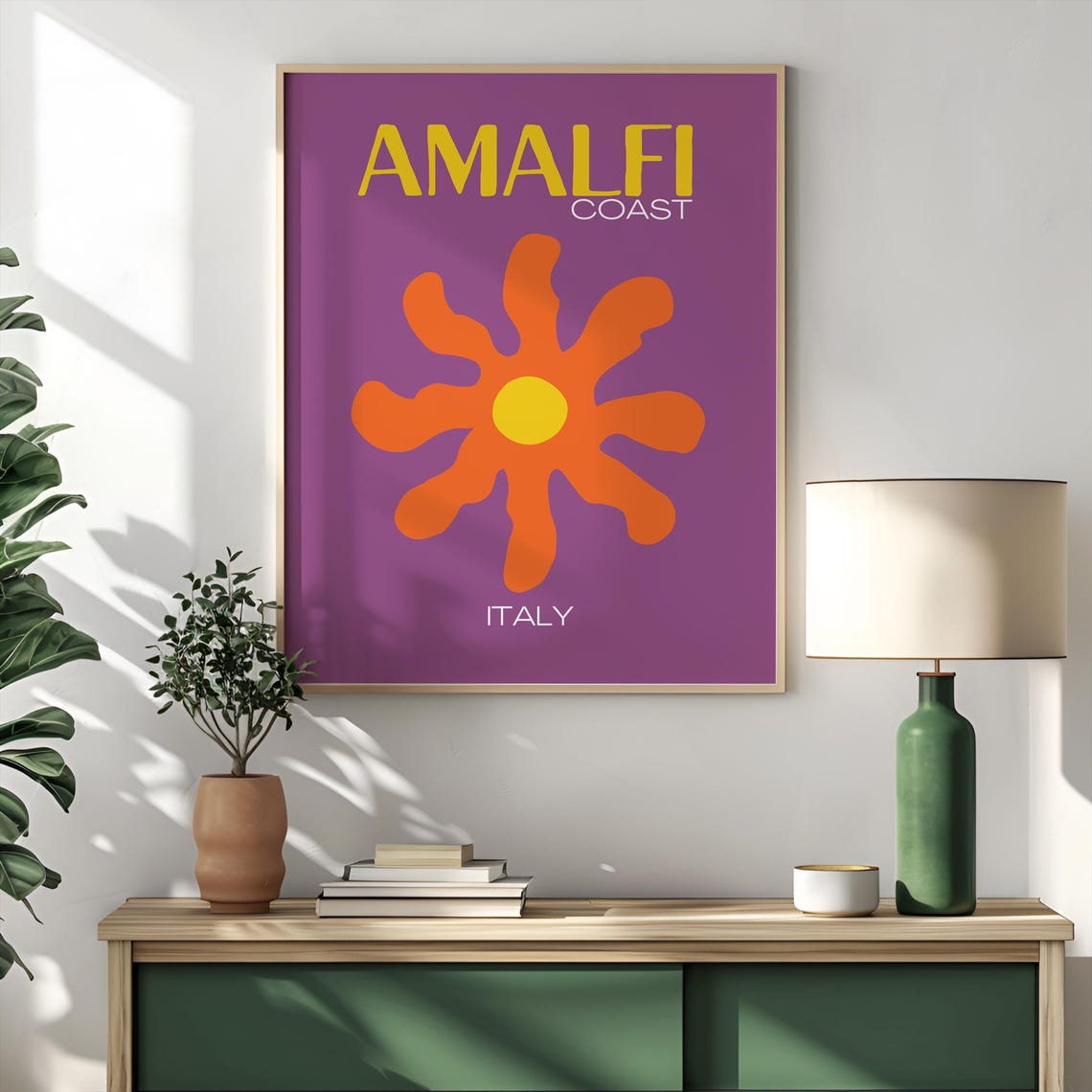 Retro Amalfi Coast Purple Orange Sun Flower Italy Travel Poster