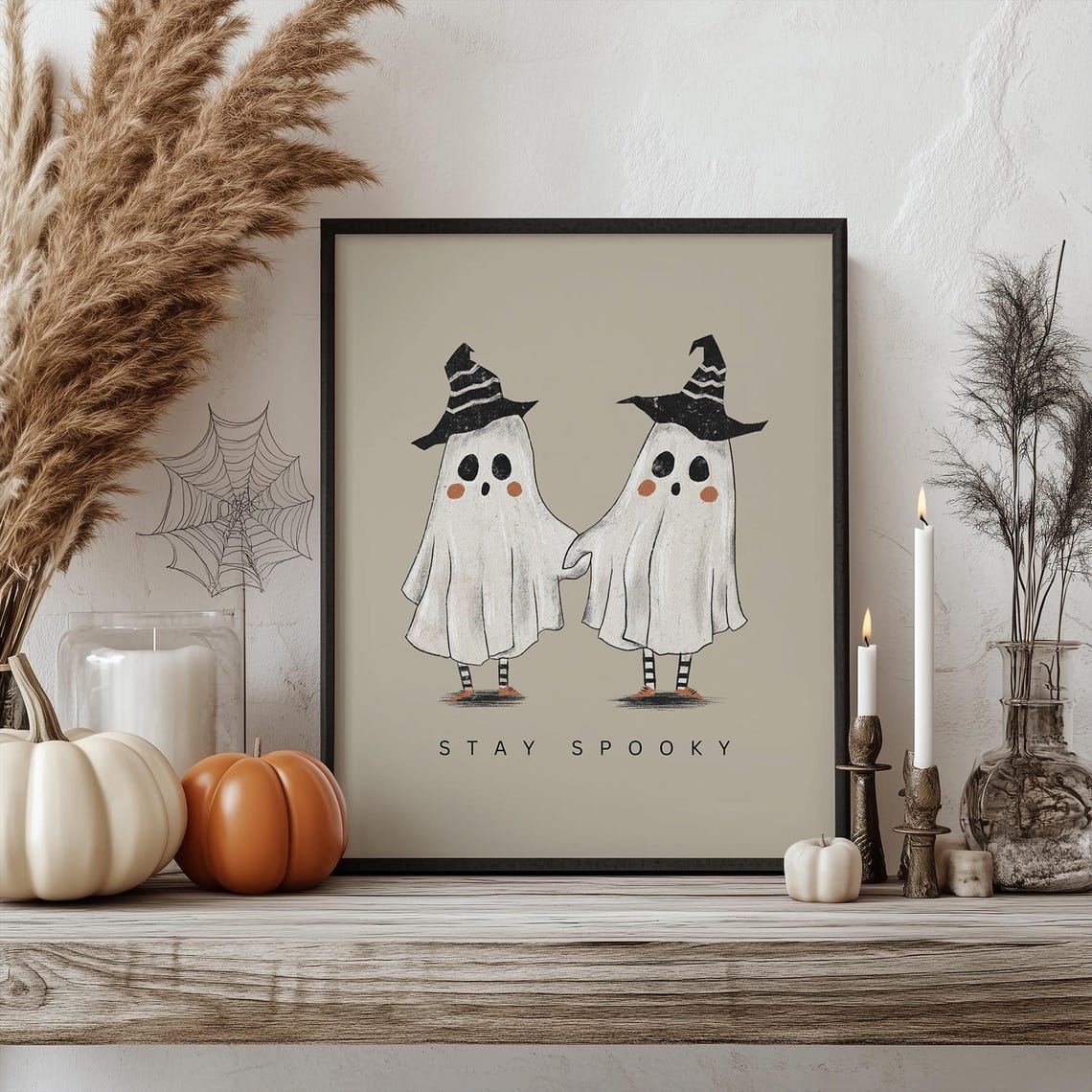 Stay Spooky Cute Ghosts In Witch Hats Beige Halloween Poster
