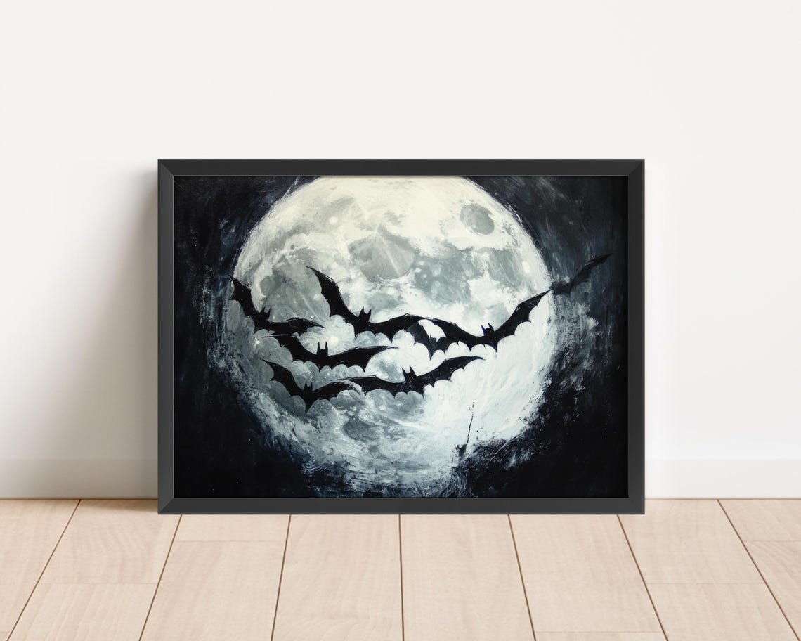 Silhouette Bats Flying Across Full Moon Moody Black Halloween Poster