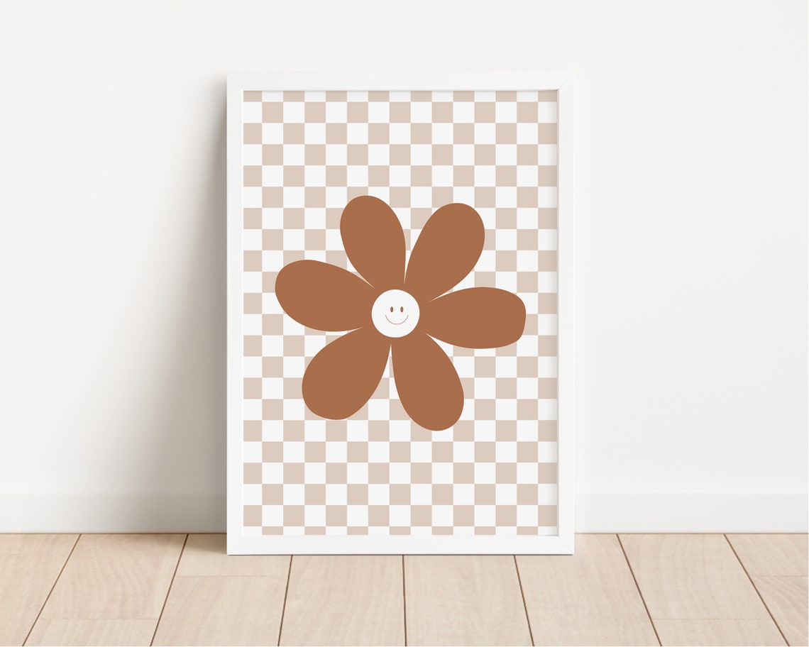 Smiley Daisy Burnt Orange Retro Checkerboard Wall Decor Poster