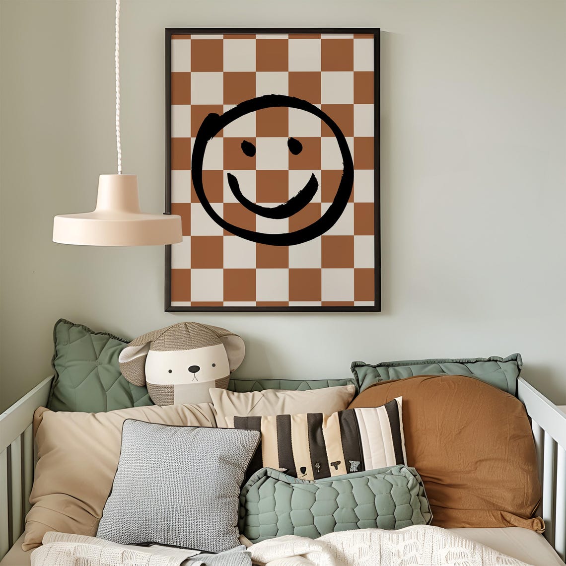 Smiley Face Brown Checkerboard Neutral Retro Happy Room Poster - Image 2