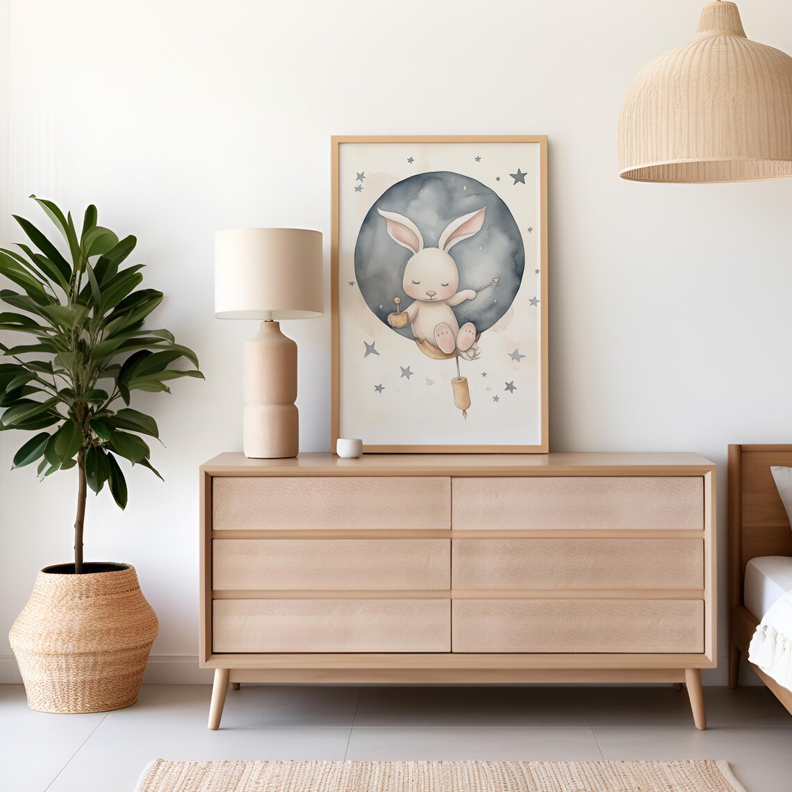 Sleeping Bunny Moon Watercolor Poster Stars Nursery Baby Room Wall Decor - Image 4
