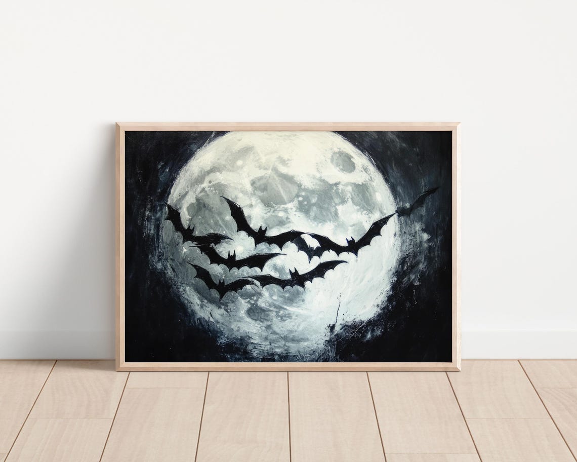 Silhouette Bats Flying Across Full Moon Moody Black Halloween Poster - Image 3