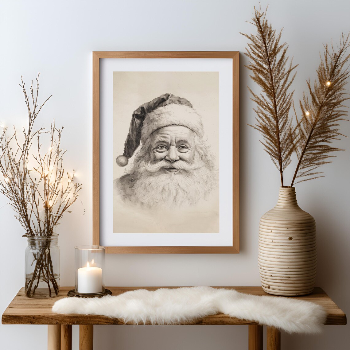 Vintage Santa Sketch Print, Christmas Hallway Decor