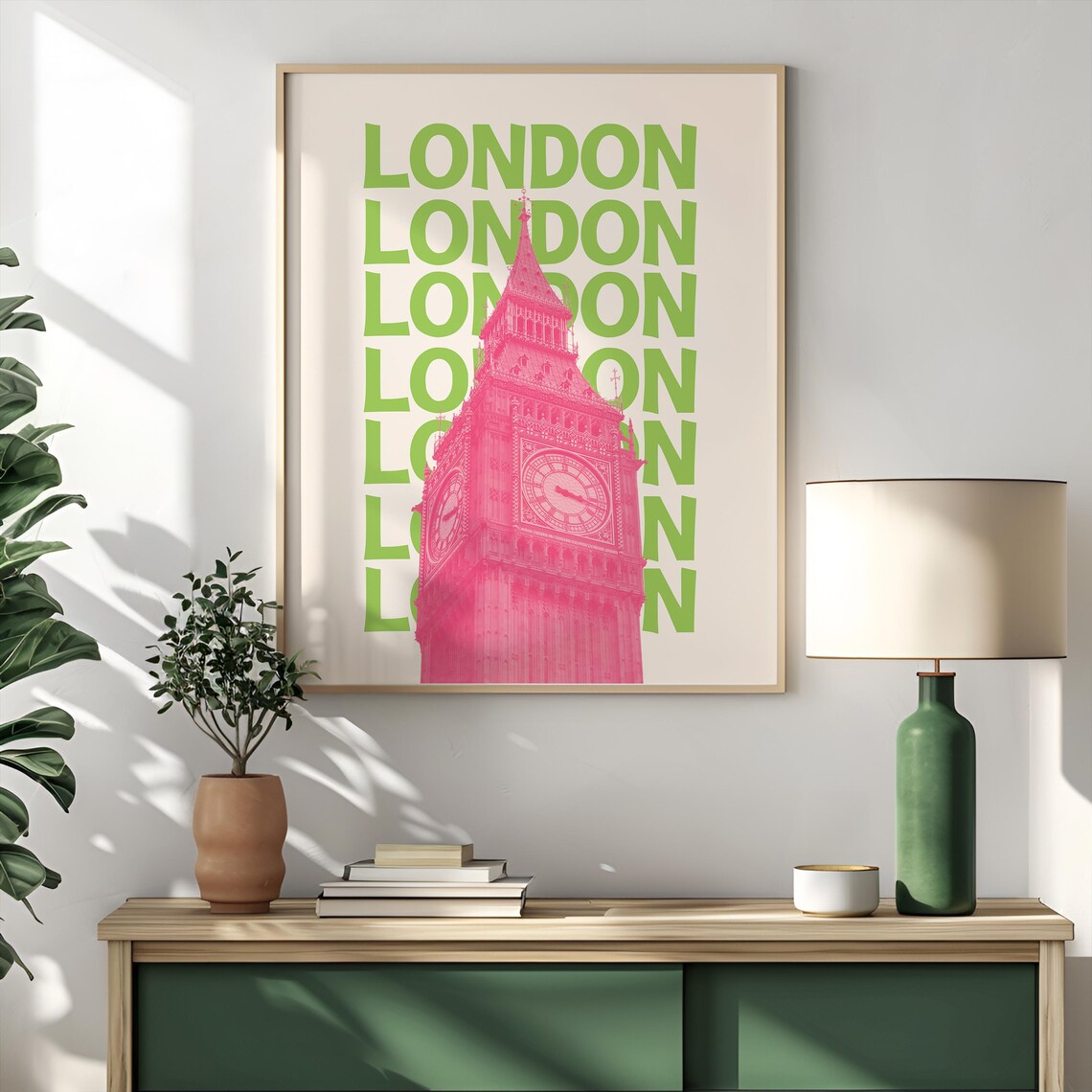 London Retro Green Pink Big Ben Clock Tower England Travel Poster