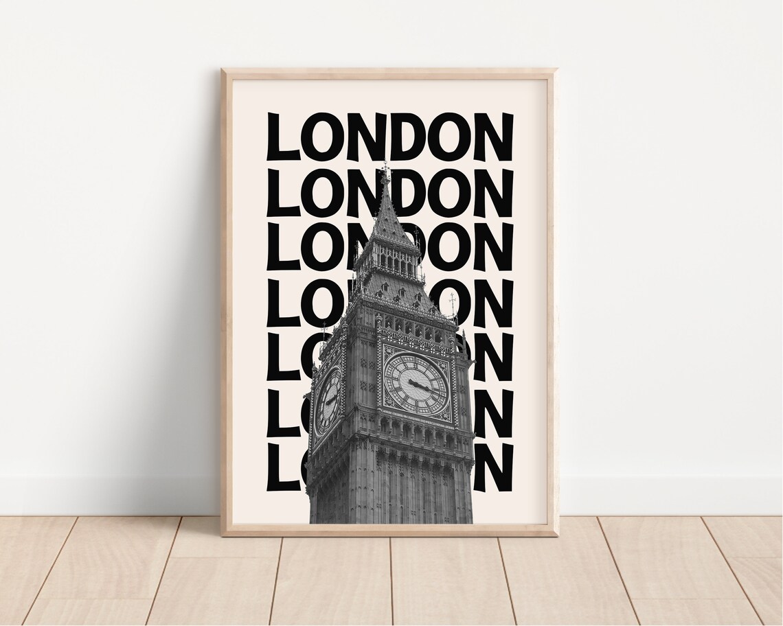 London Retro Black Monochrome Big Ben Tower England Travel Poster - Image 2