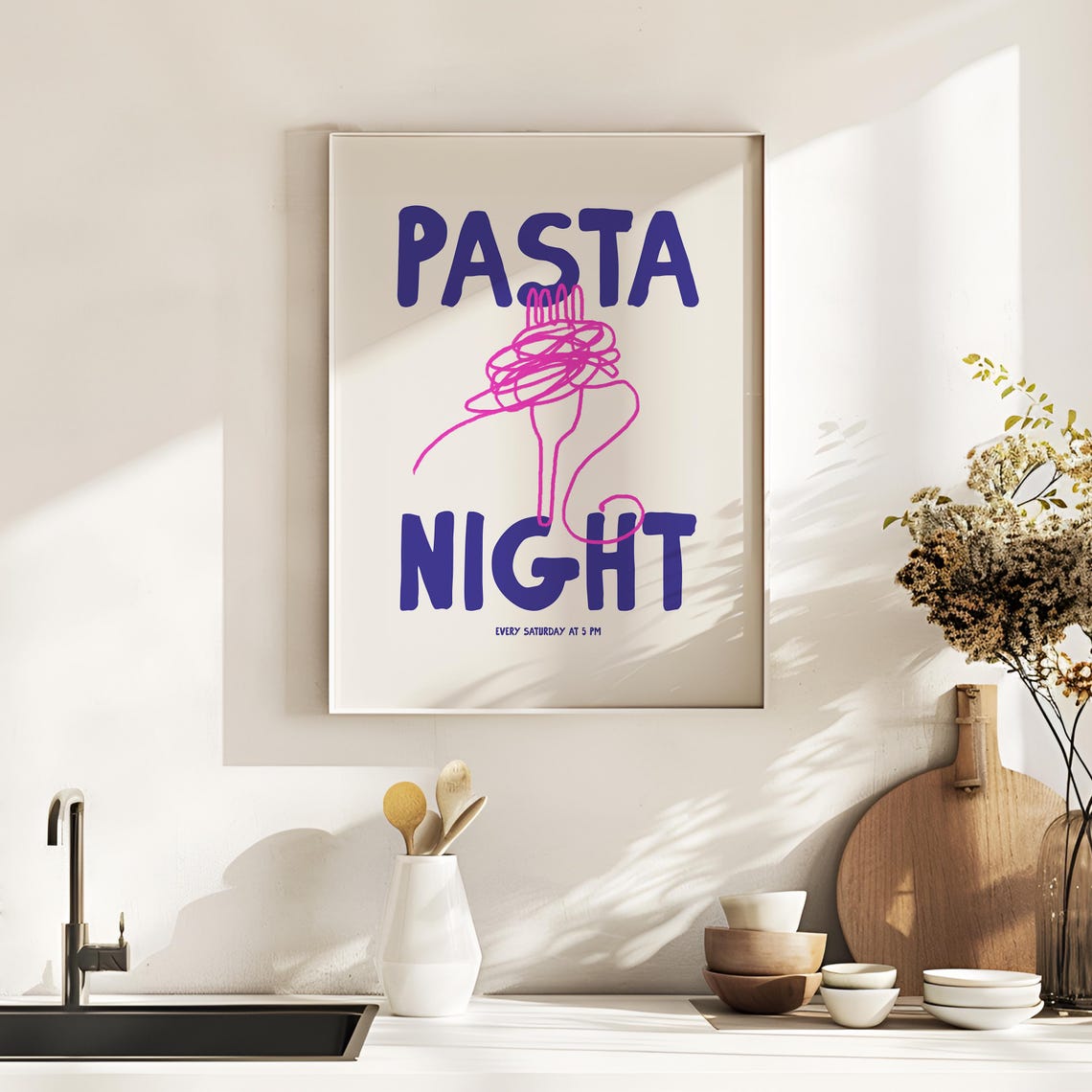Pasta Night Every Saturday at 5 PM Hand Drawn Spaghetti Kitchen Print