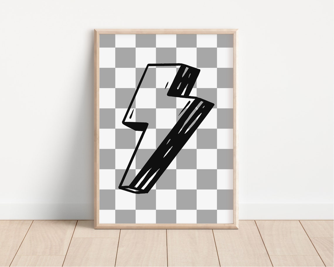 Lightning Bolt Grey Checkerboard Neutral Kids Room Art Poster - Image 4