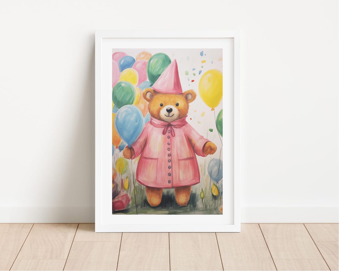 Teddy Bear Balloon Party Watercolor Poster Kids Birthday Nursery Decor - Image 2