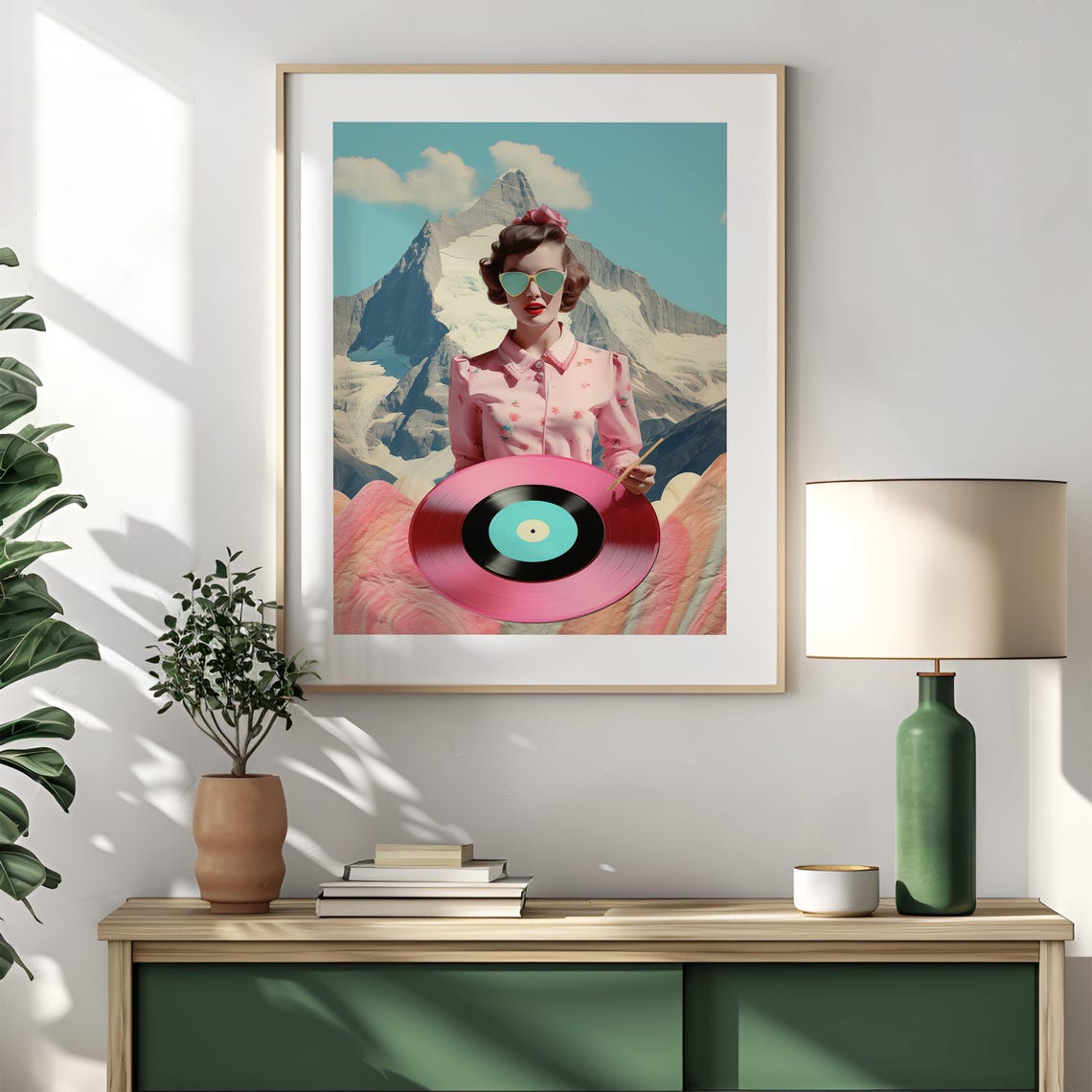Retro Woman With Pink Vinyl Record Mountain Collage Art Poster - Image 2