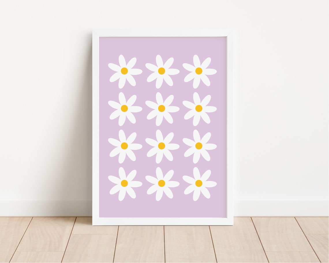 Daisy Grid Lavender Floral Pattern Nursery Wall Decor Art Poster - Image 2