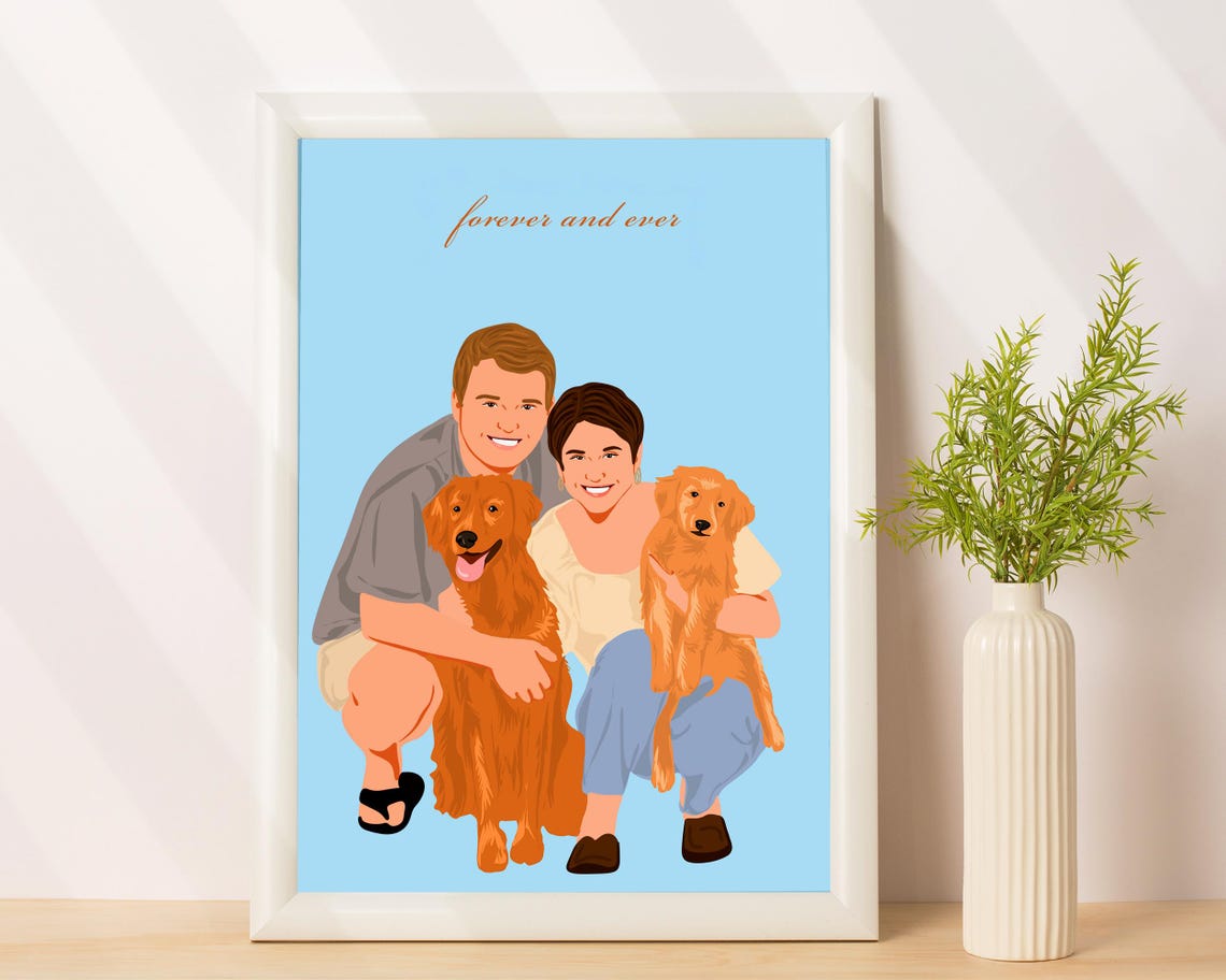Custom Couple Portrait With Two Dogs Forever And Ever Gift Poster