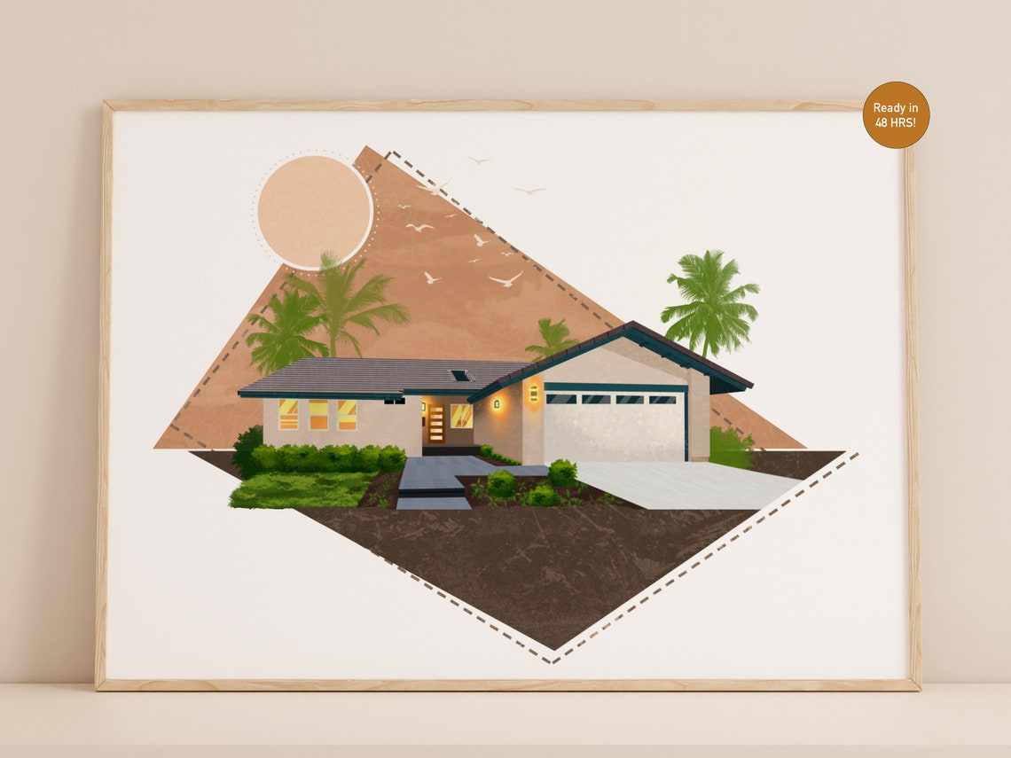 Custom Mid Century Ranch House Sunset Illustration Portrait Poster