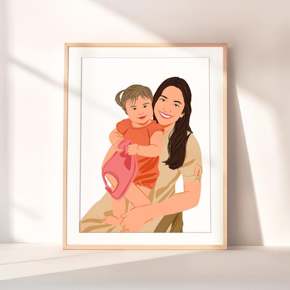 Custom Mom Holding Toddler Portrait Illustration Digital Wall Art
