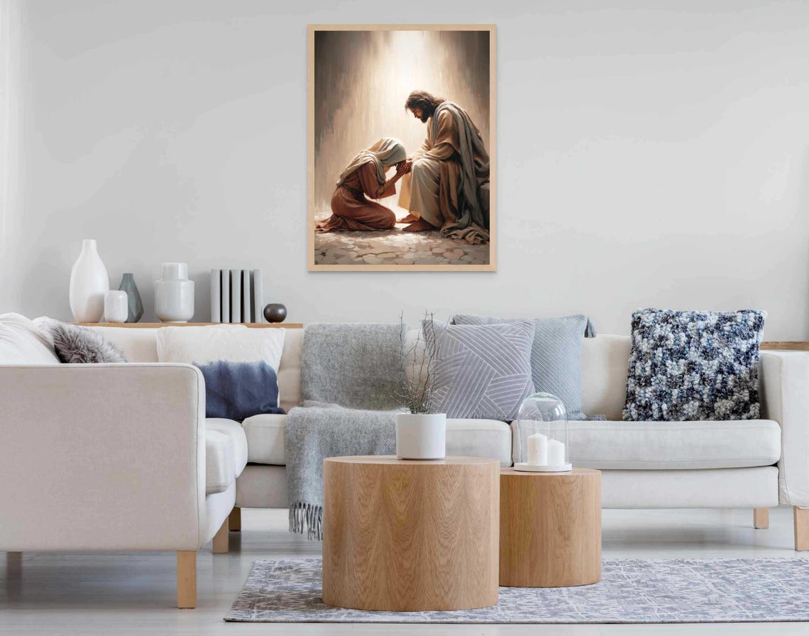 Jesus Comforting Kneeling Woman Prayer Hands Christian Art Poster - Image 5