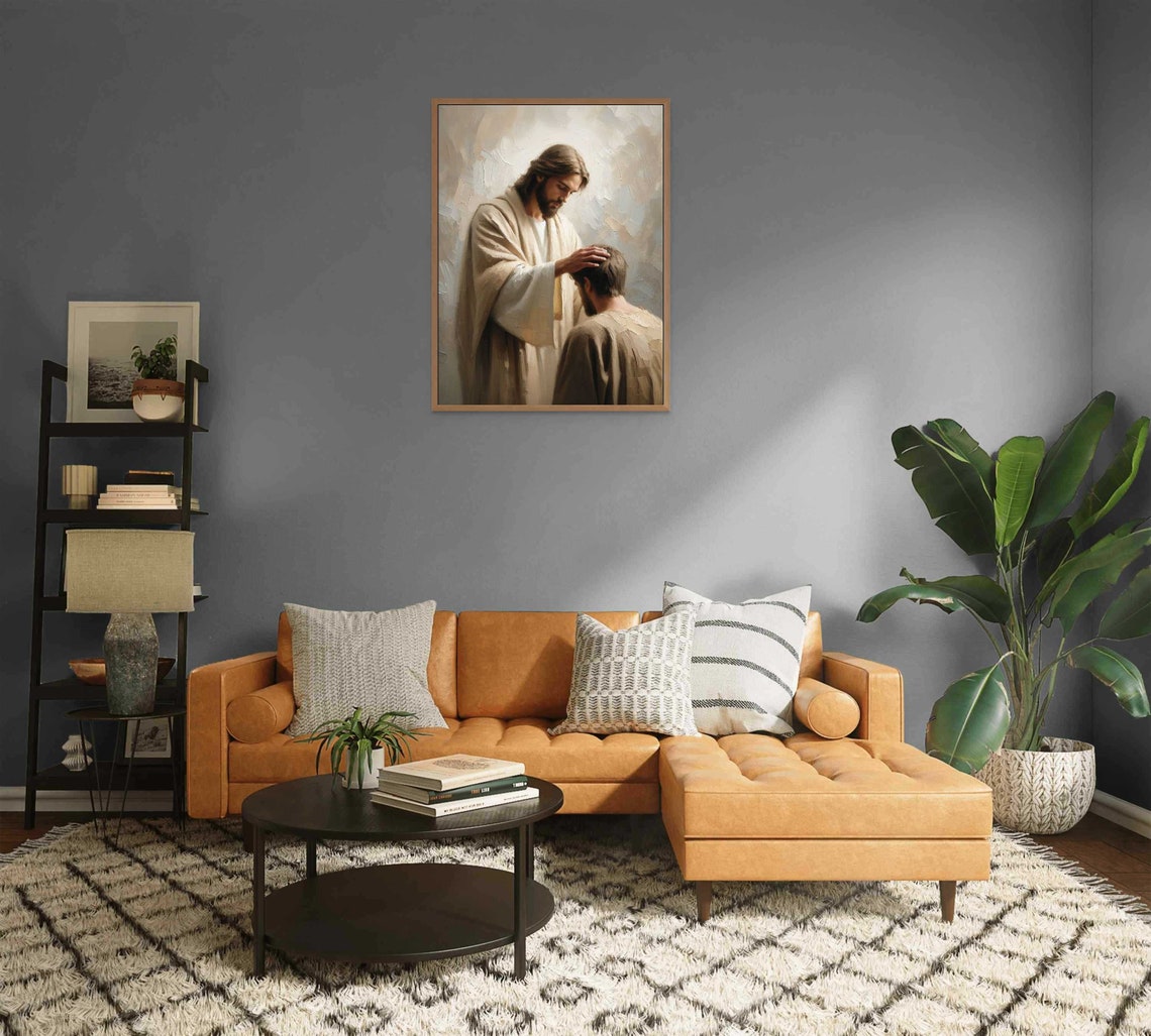 Jesus Laying Hand On Kneeling Man's Head In Blessing Christian Poster - Image 2