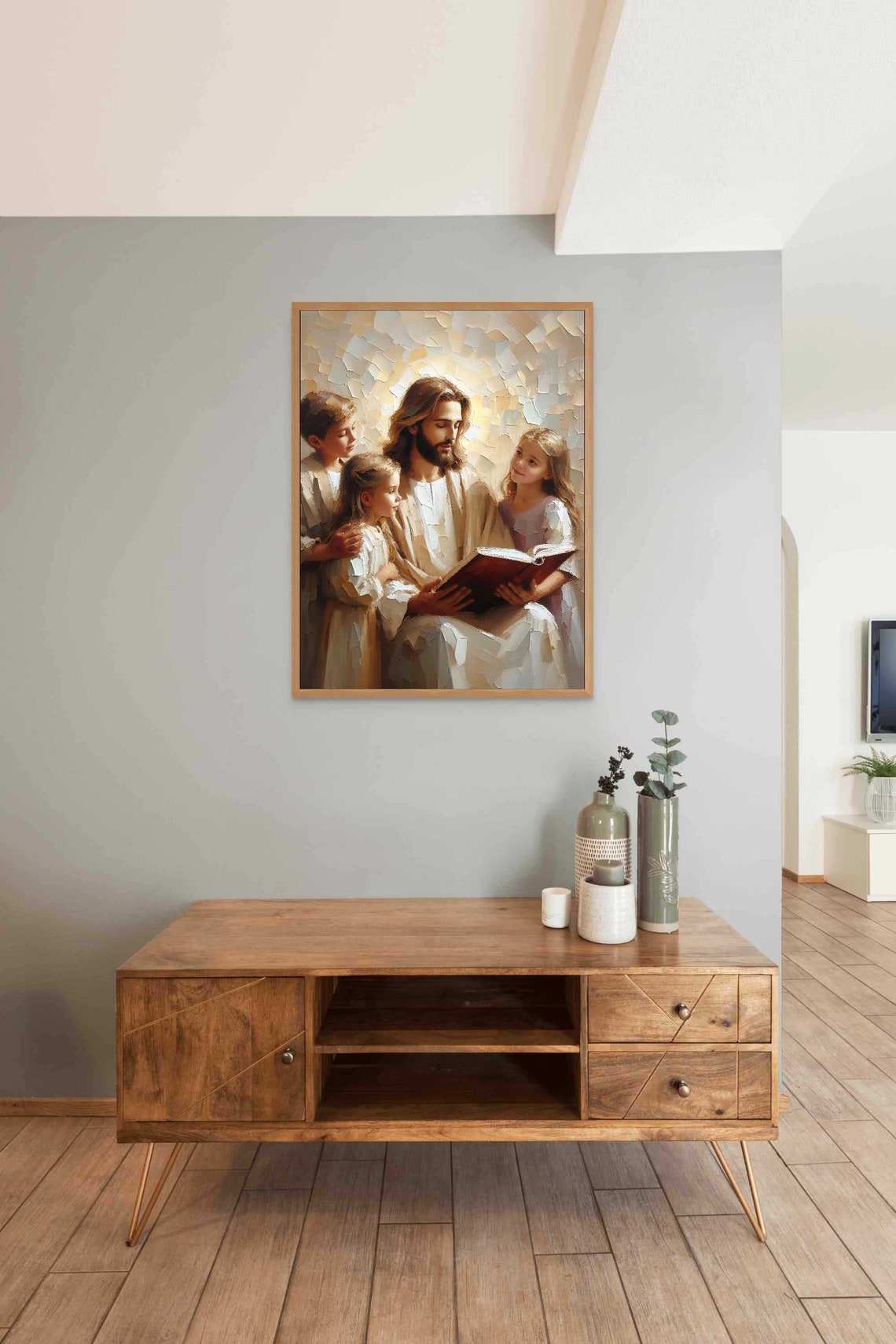 Jesus Reading Book To Three Children In Warm Impasto Painting Poster - Image 3