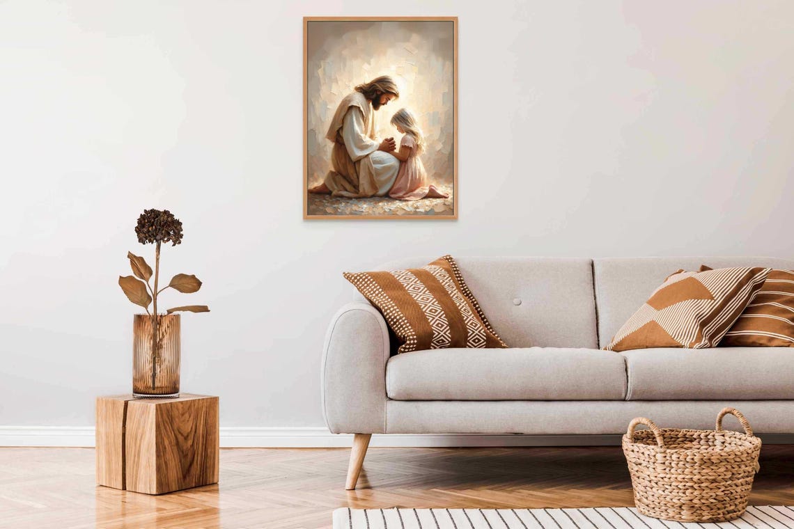 Jesus Kneeling In Prayer With Little Girl In Pink Dress Golden Poster - Image 5