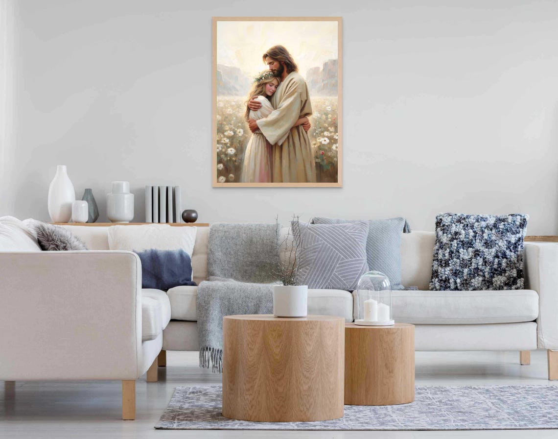 Jesus Embracing Blonde Woman With Flower Crown In White Meadow Poster - Image 7