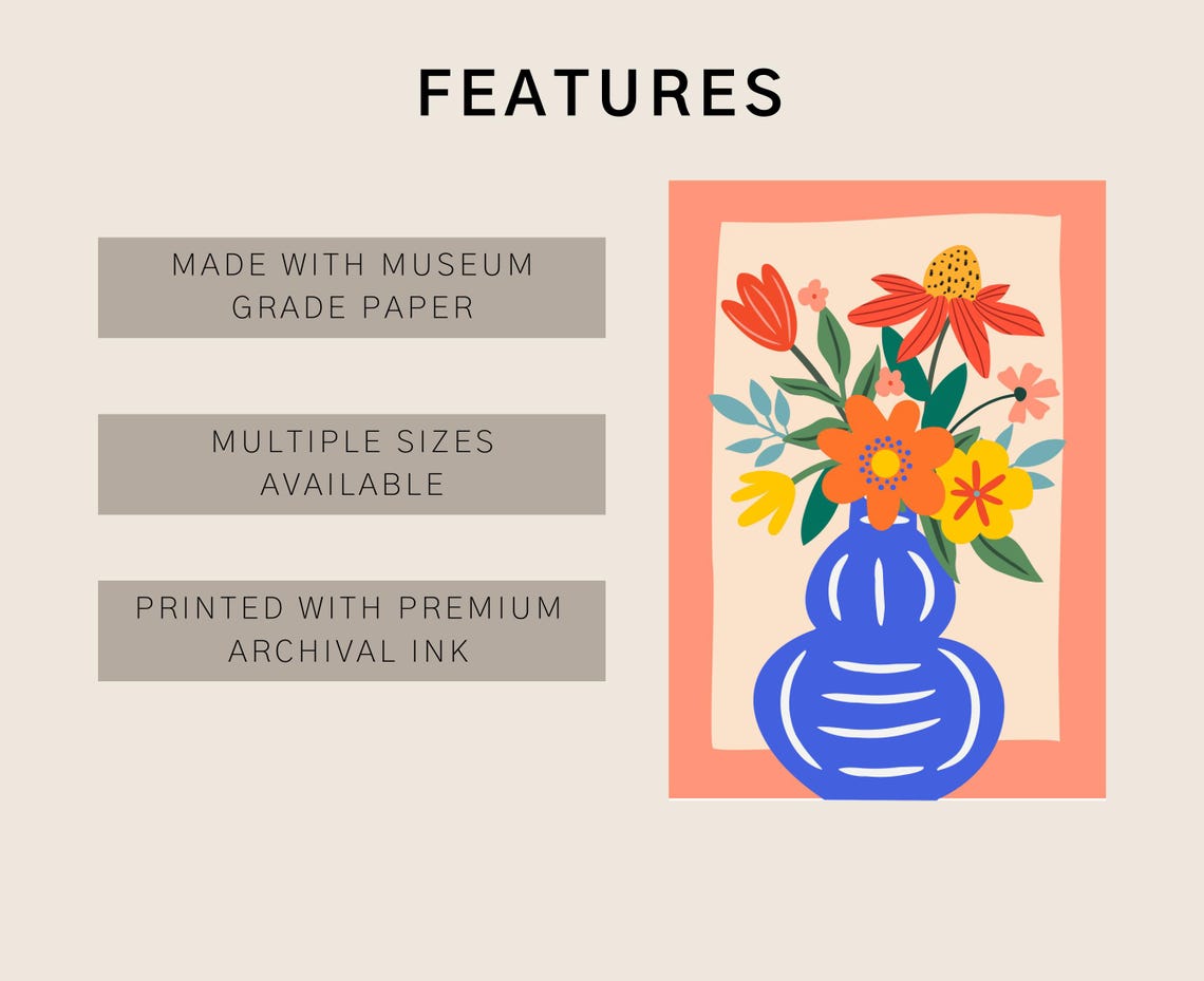 Modern Flat Floral Bouquet In Cobalt Blue Vase On Peach Art Print - Image 2