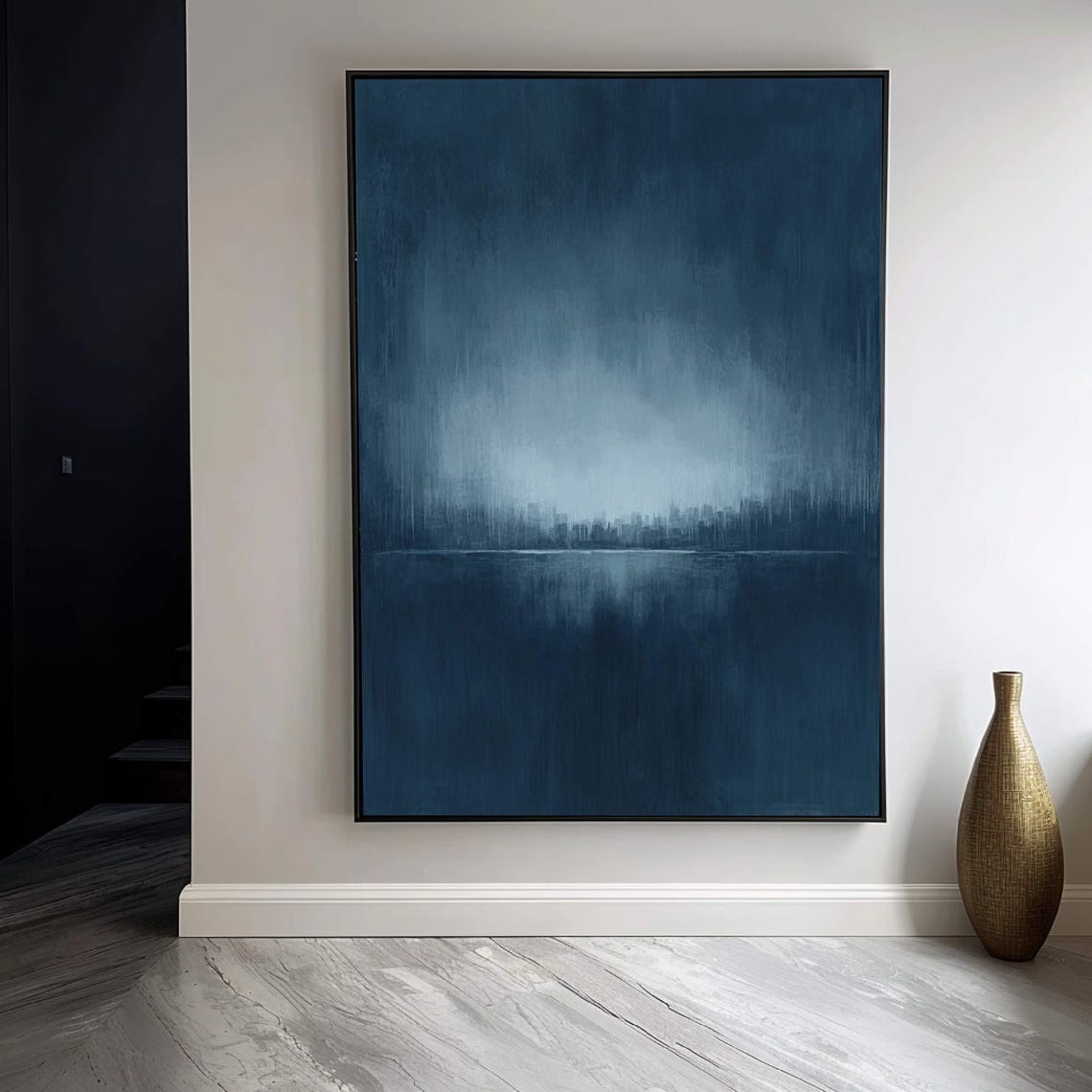 Dark Blue Minimalist Abstract Painting Misty Horizon Texture Wall Art - Image 3