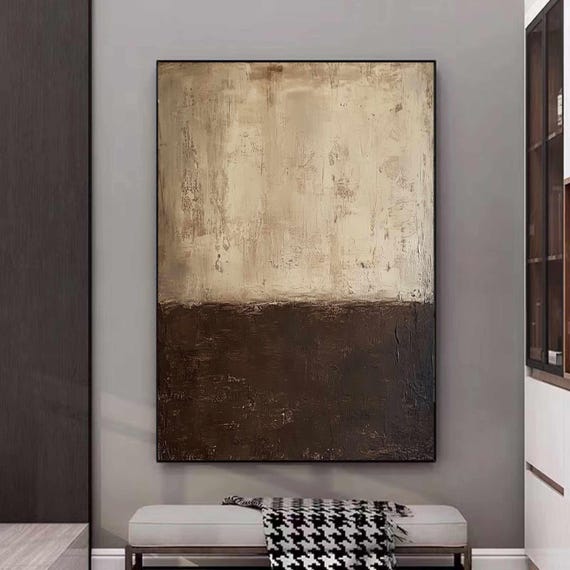 Dark Brown Wabisabi Painting Dark Wood Abstract Painting Medieval Brown Oil Painting Beige Minimalist Wall Decor Brown Wall Art